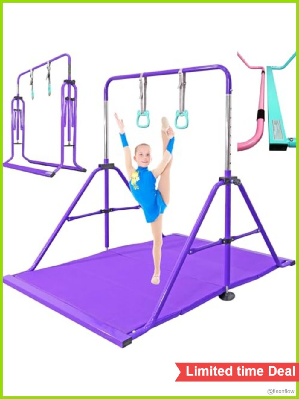 Folding Gymnastics Bar with Rings Kip Bar Adjustable Height for Kids Ages 3-10